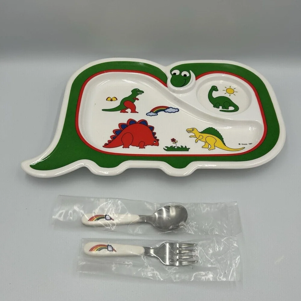 Oneida Dinosaur Toddler Plate Plastic Divided‎ Food Fun Kids Set Vintage 1987